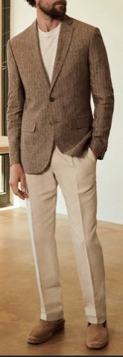 Guest men attire example — brown blazer with cream trousers
