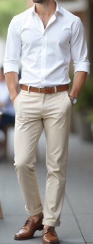 Guest men attire example — white shirt with khaki trousers